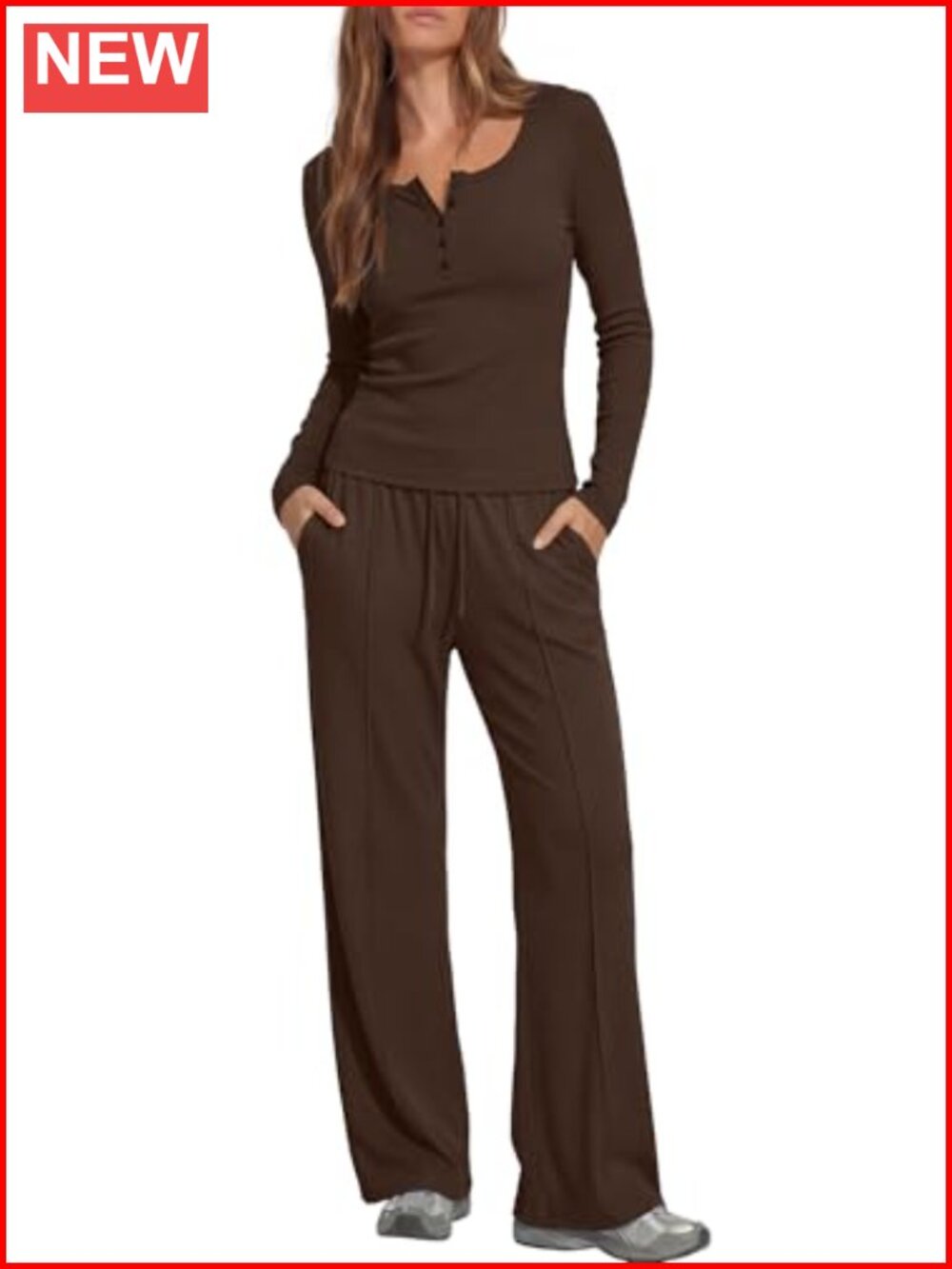 Darong Womens 2 Piece Lounge Set Ribbed Cotton Henley Wide Leg Pants